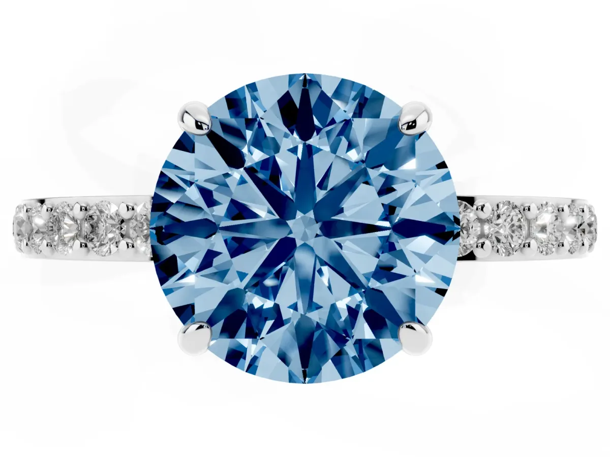 Fancy Blue Round Cut Diamond Pavé Engagement Ring with Round Accents and Prong Setting Silver