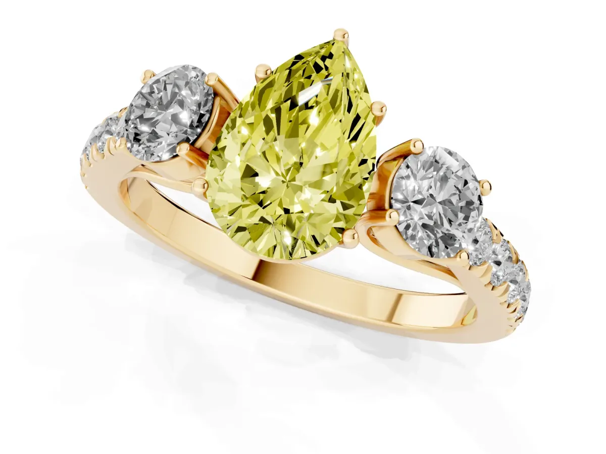 Fancy Yellow Pear Cut Cut Diamond Three-Stone Ring with Round Side Stones and Pavé Band Yellow gold