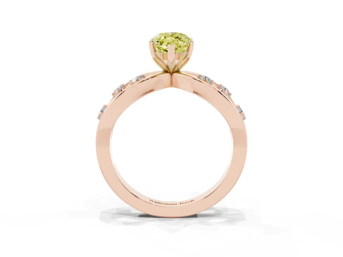 Fancy Yellow Marquise Cut Cut Solitaire Diamond with Side Stones on Criss-Cross Band and Four-Prong Setting Rose gold