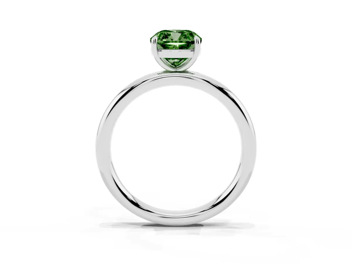 Fancy Green Cushion Cut Solitaire Diamond Ring with Four-Prong Setting on a Plain Band Platinum