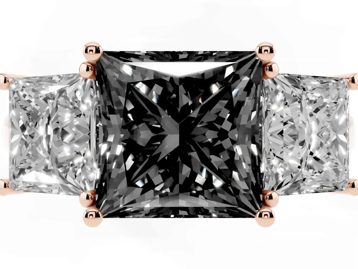 Fancy Black Three-Stone Princess Cut Diamond Engagement Ring with Prong Setting Rose gold