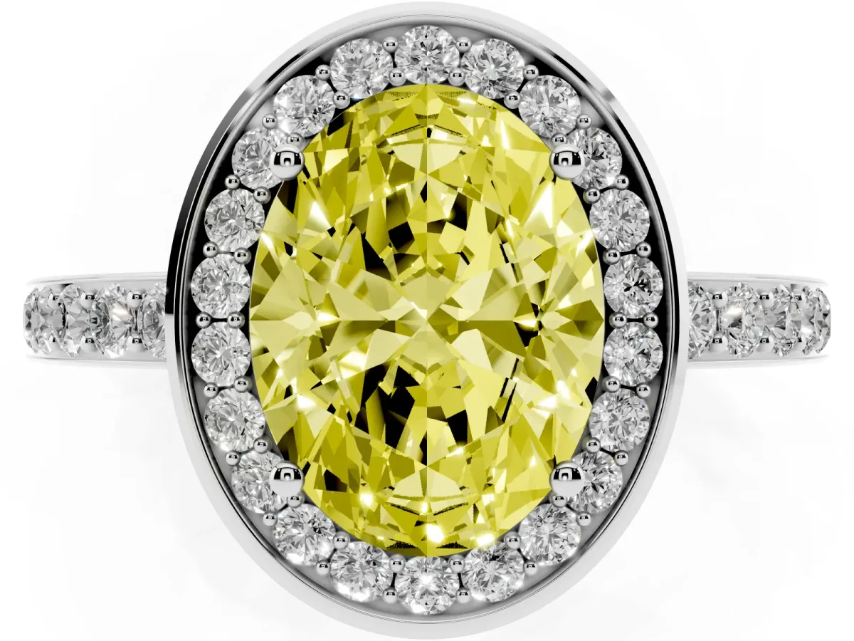 Fancy Yellow Oval Cut Diamond Halo Ring with Bezel Frame and Pavé Band Silver