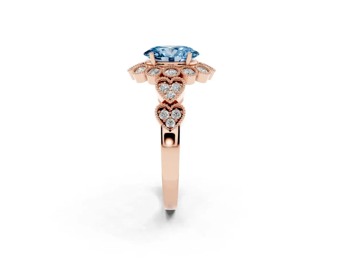 Fancy Blue Oval Cut Brilliant Milgrain Pave Heart Band Solitaire Ring Rose gold