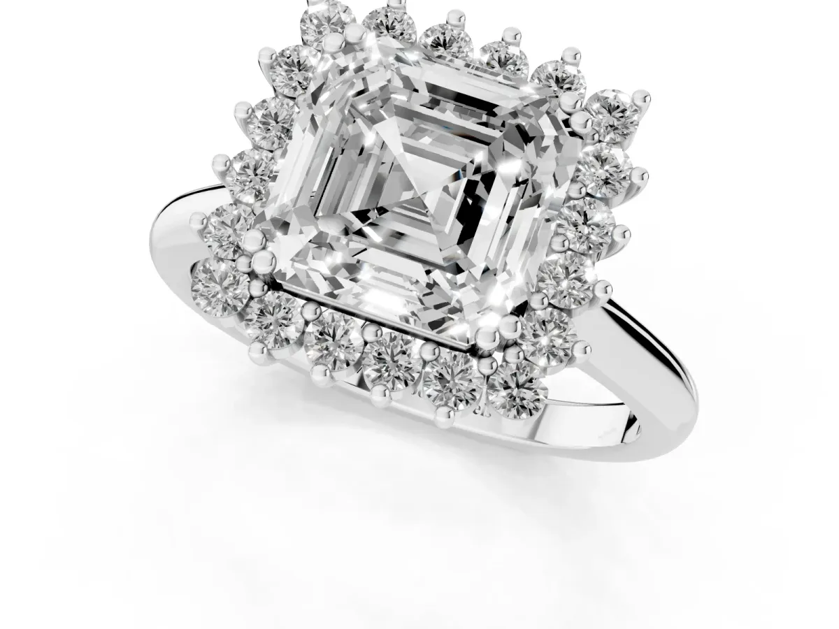 Asscher Cut Cut Diamond Halo Ring with Solitaire Band and Prong Setting Silver