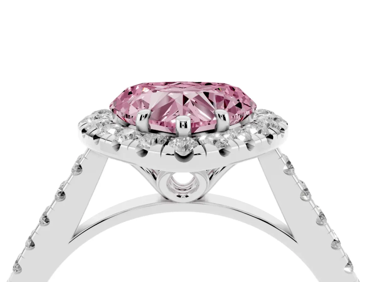 Fancy Pink Heart Cut Halo Pavé Diamond Engagement Ring with Four-Prong Setting Silver