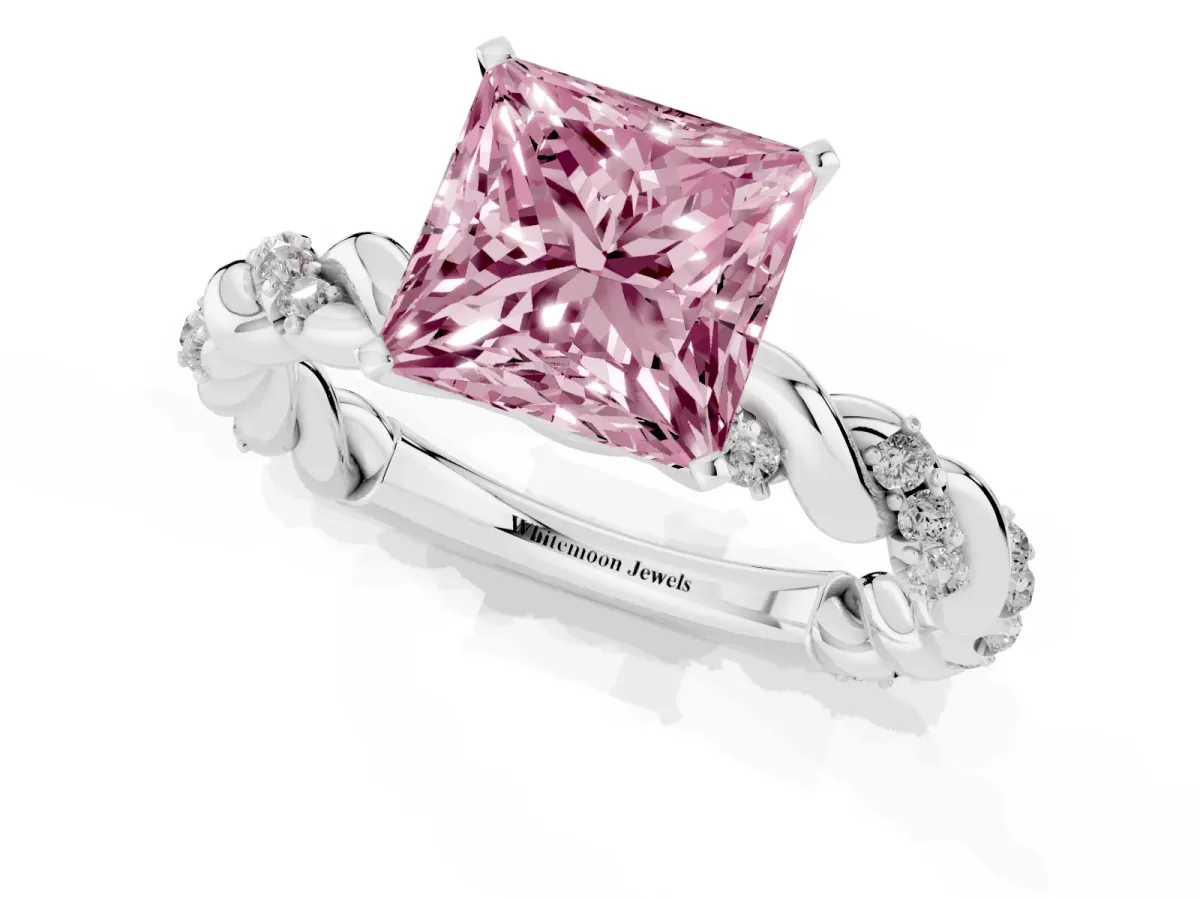 Fancy Pink Princess Cut Diamond Solitaire Ring with Twisted Band and Pavé Accents Silver