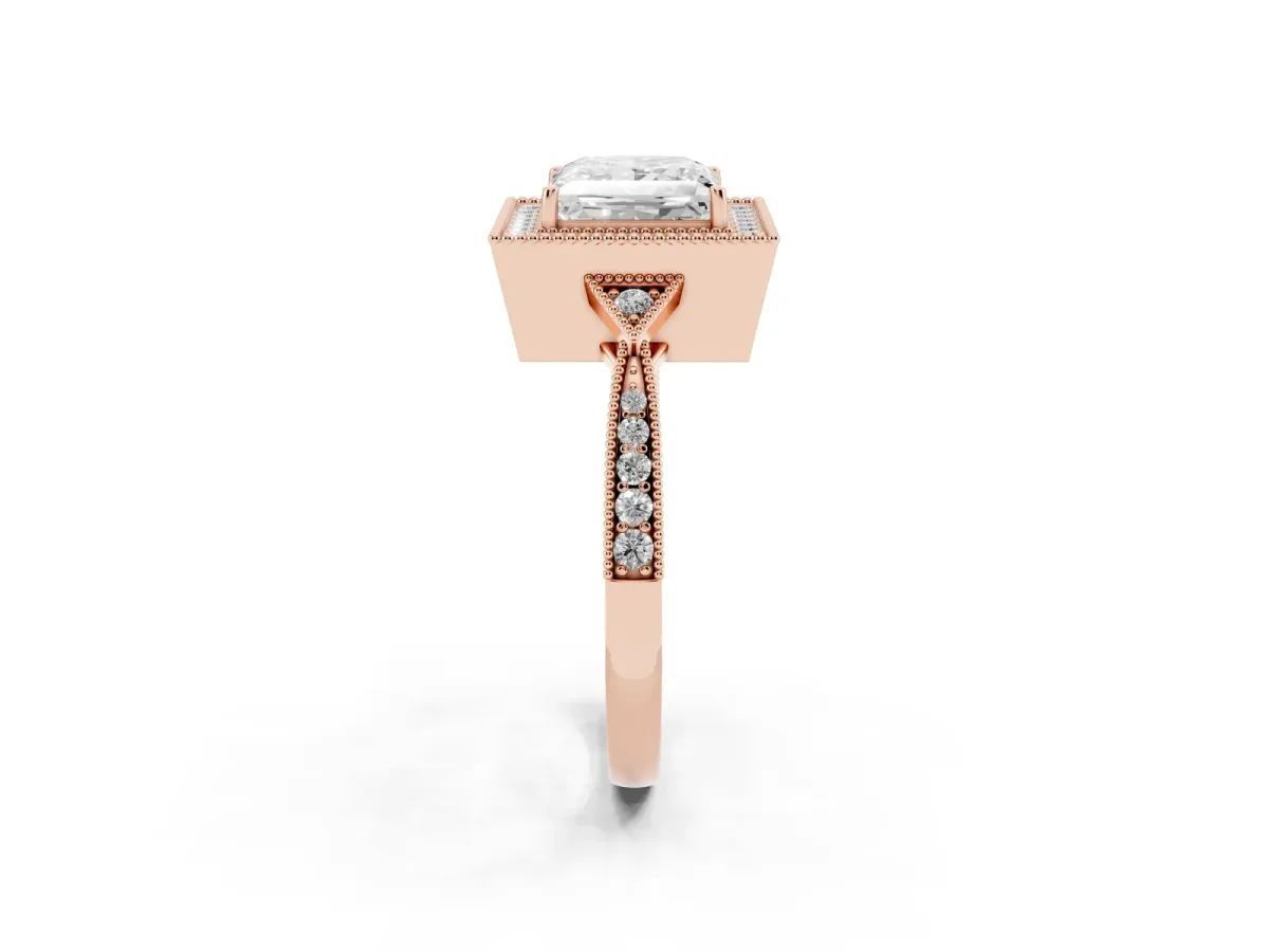 Princess Cut Halo Round Diamond Milgrain Pave Engagement Ring Rose gold