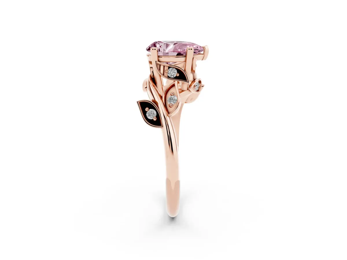 Fancy Pink Pear Cut Solitaire Twist Engagement Ring with Leaf Accents and Prong Setting Rose gold