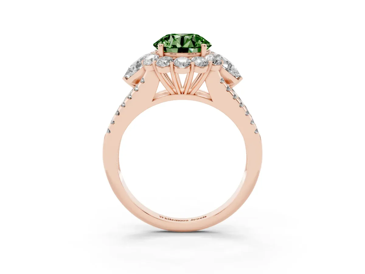 Fancy Green Round Cut Halo Split Shank Diamond Engagement Ring with Prong Setting Rose gold