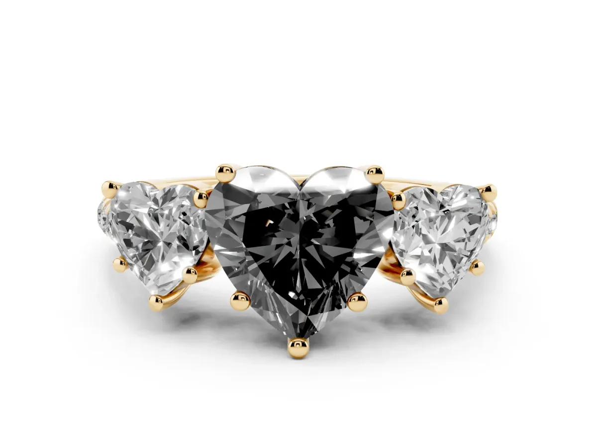 Fancy Black Three-Stone Heart Cut Diamond Ring with Round Pavé Band and Prong Setting Yellow gold