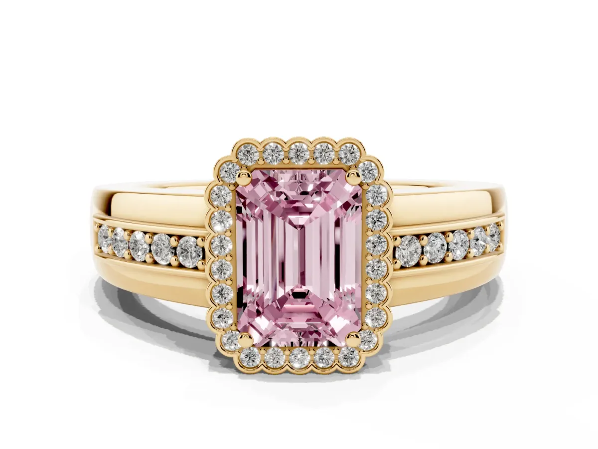 Fancy Pink Emerald Cut Cut Halo Pave Band Four-Prong Ring Yellow gold