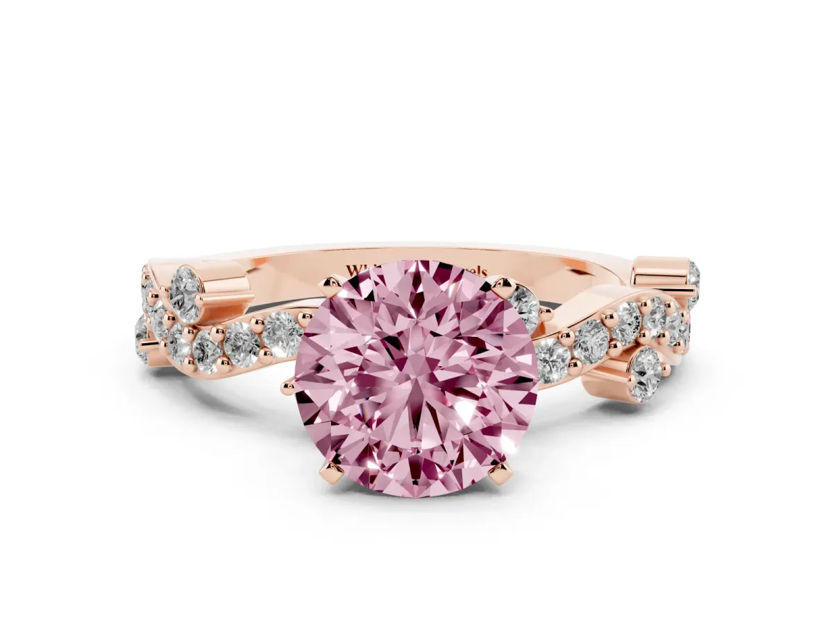 Fancy Pink Round Cut Cut Solitaire Diamond Twisted Band with Pave Setting Rose gold