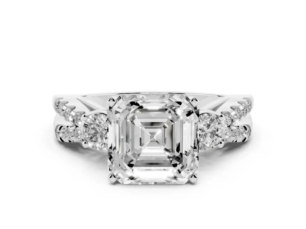 Asscher Cut Diamond Three-Stone Ring with Pavé Split Shank and Four-Prong Setting White gold