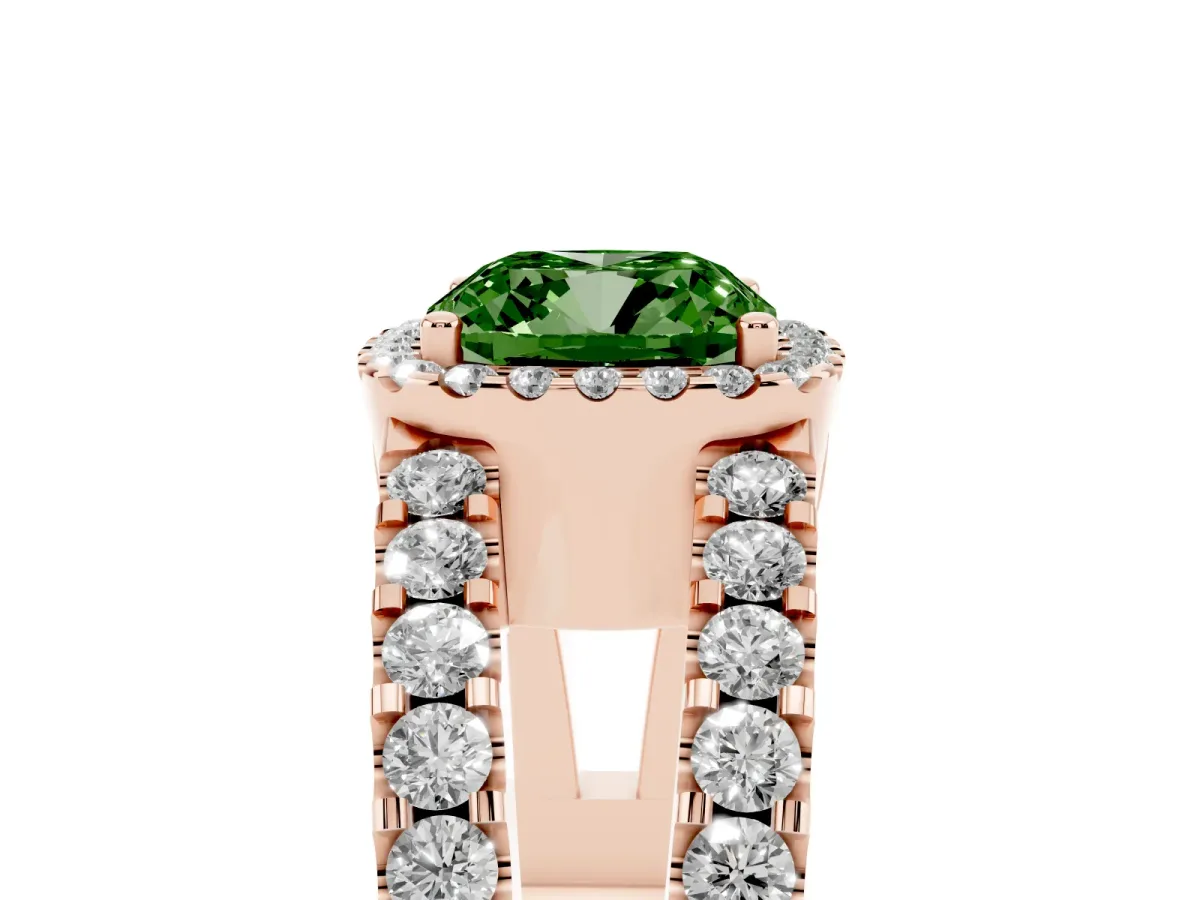 Fancy Green Cushion Cut Cut Halo Split Shank Diamond Ring with Four-Prong Setting Rose gold