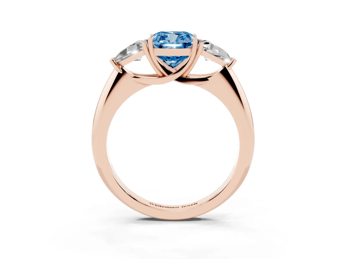 Fancy Blue Three-Stone Cushion Cut Diamond Engagement Ring with Trillion Side Stones and Prong Setting Rose gold