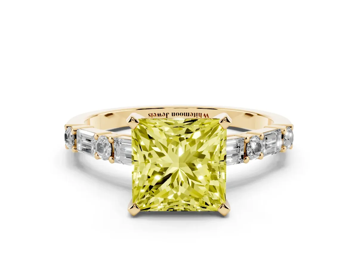 Fancy Yellow Princess Cut Diamond Solitaire with Side Baguettes and Channel Set Band Yellow gold