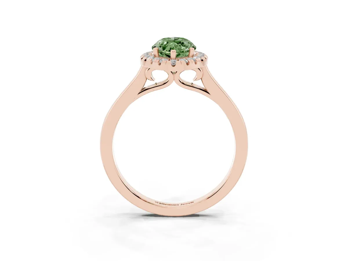 Fancy Green Marquise Cut Halo Round Diamond Solitaire Ring with Pavé Band and Four-Prong Setting Rose gold