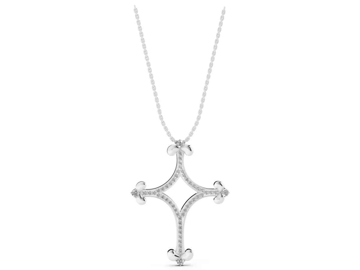 Pavé Diamond Cushion Cross Pendant with Fleur-de-Lis Prongs Silver