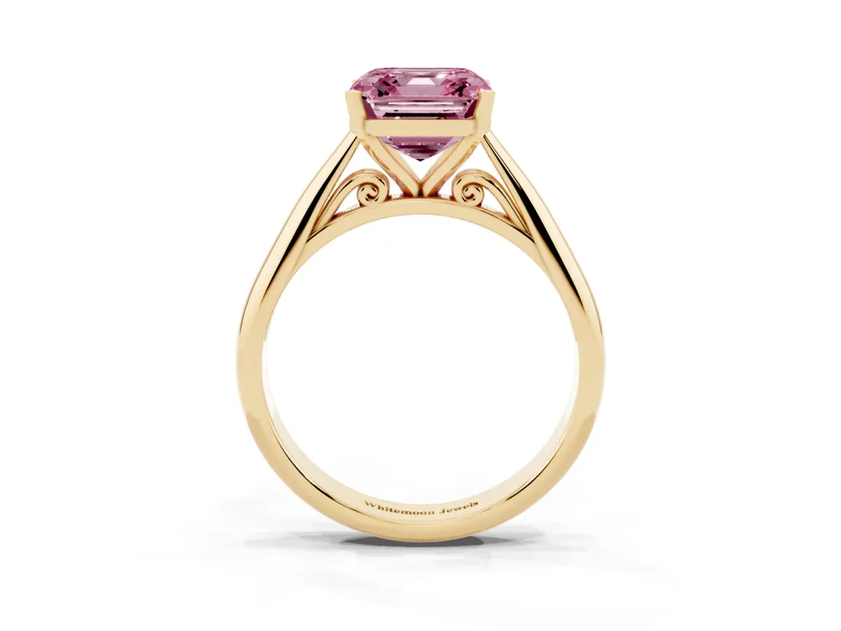 Fancy Pink Asscher Cut Diamond Solitaire Engagement Ring with Cathedral Setting and Four-Prong Mount Yellow gold