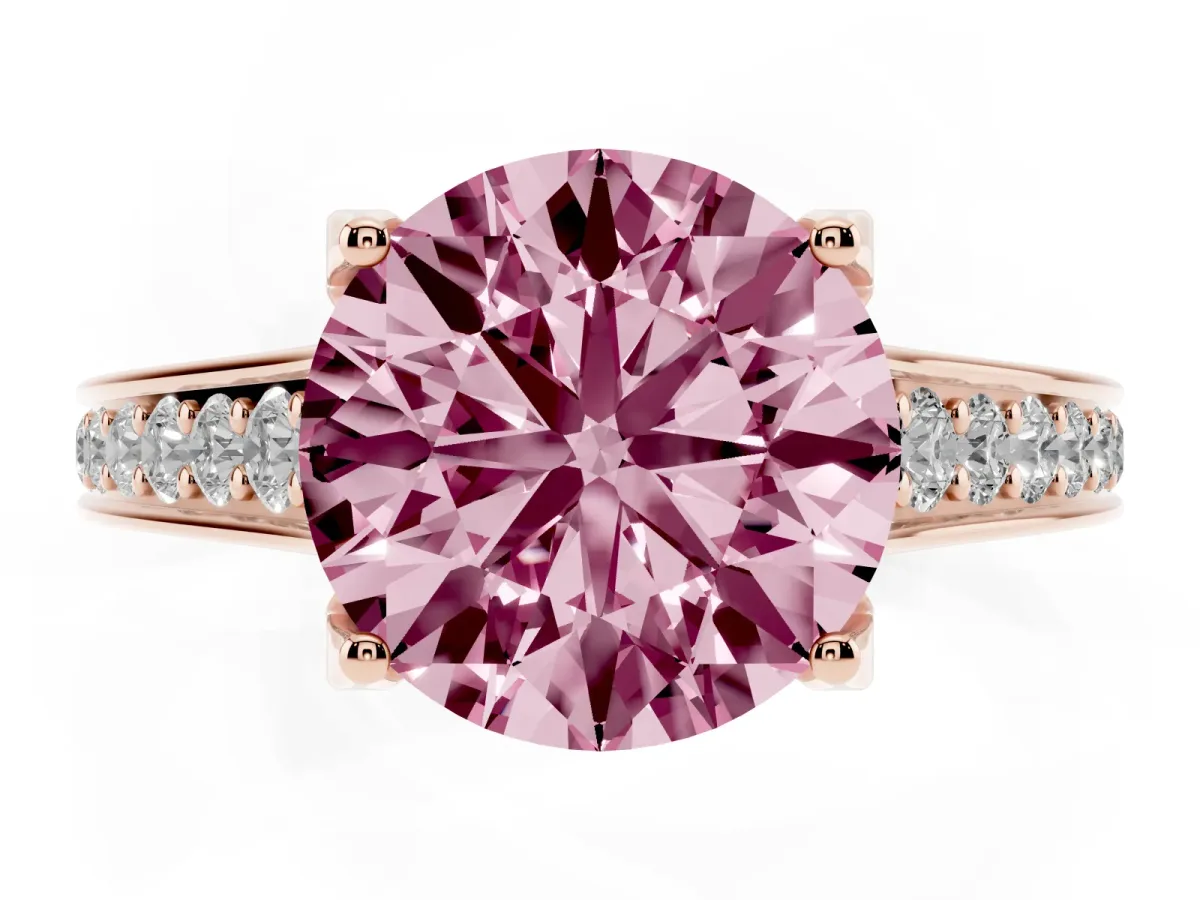 Fancy Pink Round Cut Brilliant Cut Diamond Engagement Ring with Pavé Band and Four-Prong Setting Rose gold