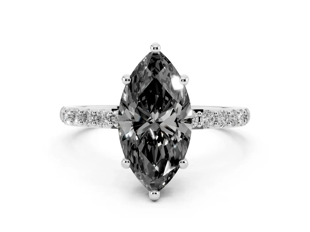 Fancy Black Marquise Cut Diamond Solitaire Ring with Round Pavé Band and Prong Setting Silver