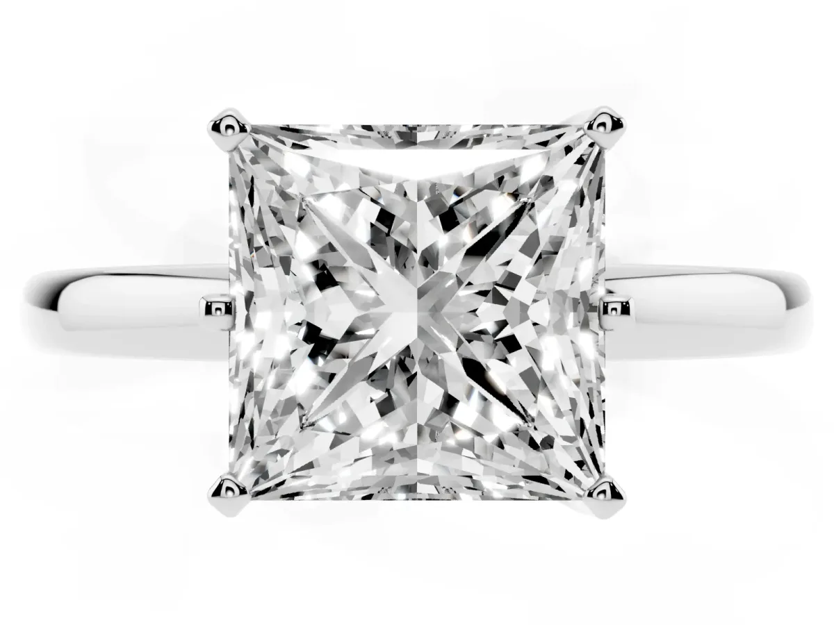 Princess Cut Solitaire Diamond Ring with Six-Prong Setting on a Classic Band Platinum