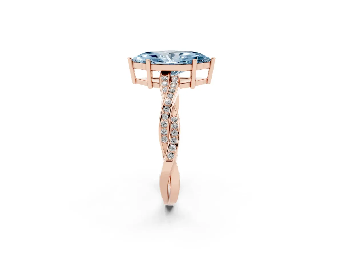 Fancy Blue Marquise Cut Solitaire Twisted Pave Diamond Ring with Four-Prong Setting Rose gold