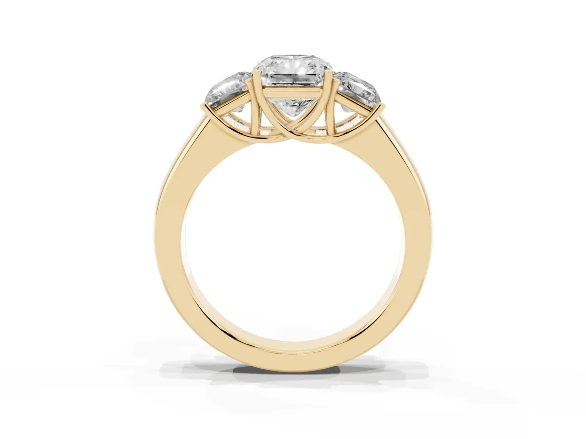 Three-Stone Radiant Cut Cut Diamond Ring with Prong Setting and Classic Band Yellow gold