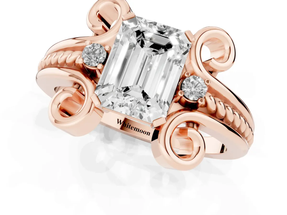 Emerald Cut Solitaire Twisted Band Scroll Prong Ring Rose gold