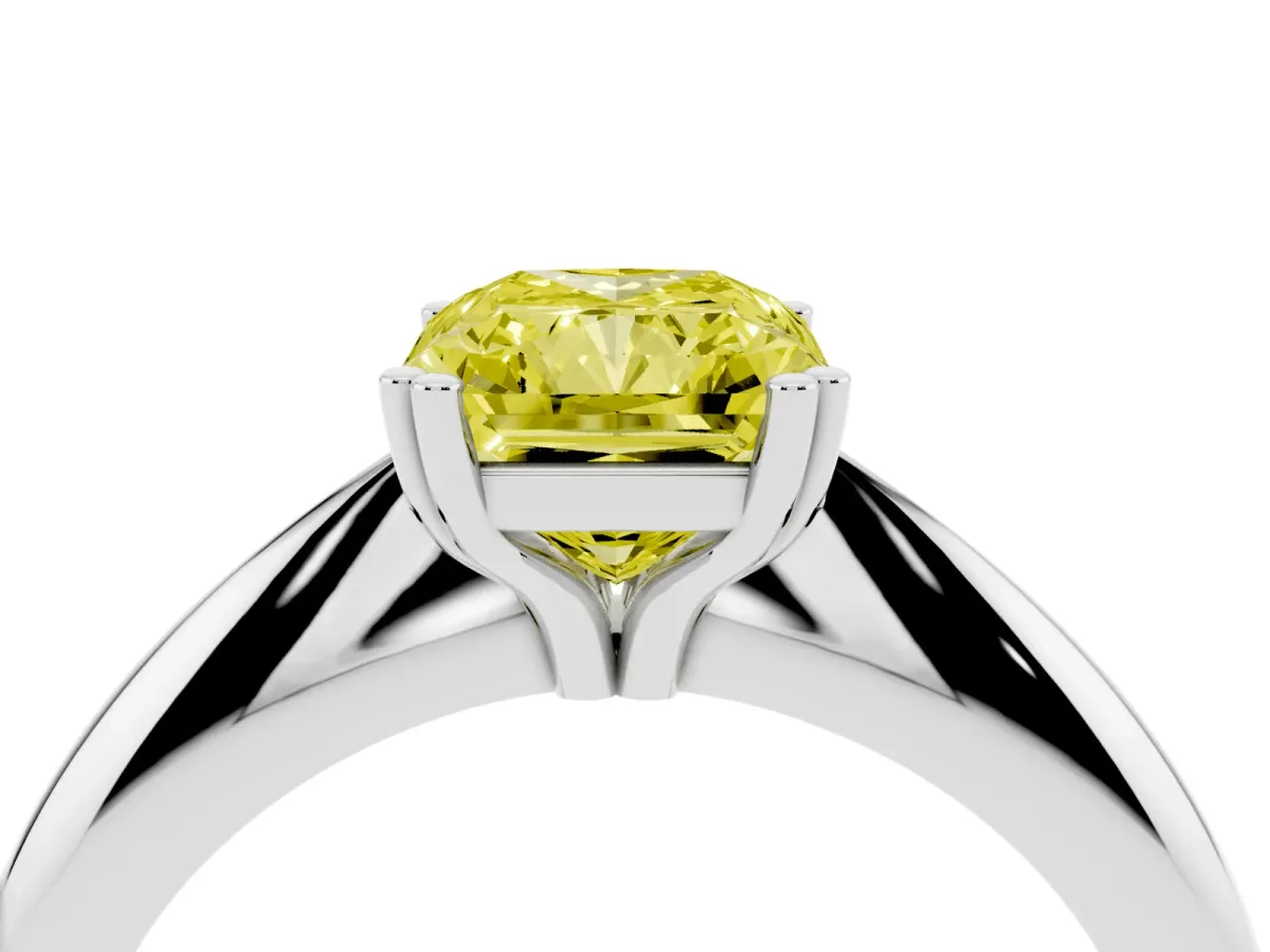 Fancy Yellow Radiant Cut Cut Solitaire Engagement Ring with Tapered Band and Four-Prong Setting White gold