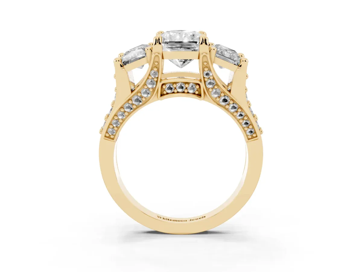 Radiant Cut Diamond Three-Stone Ring with Channel Set Band and Four-Prong Setting Yellow gold
