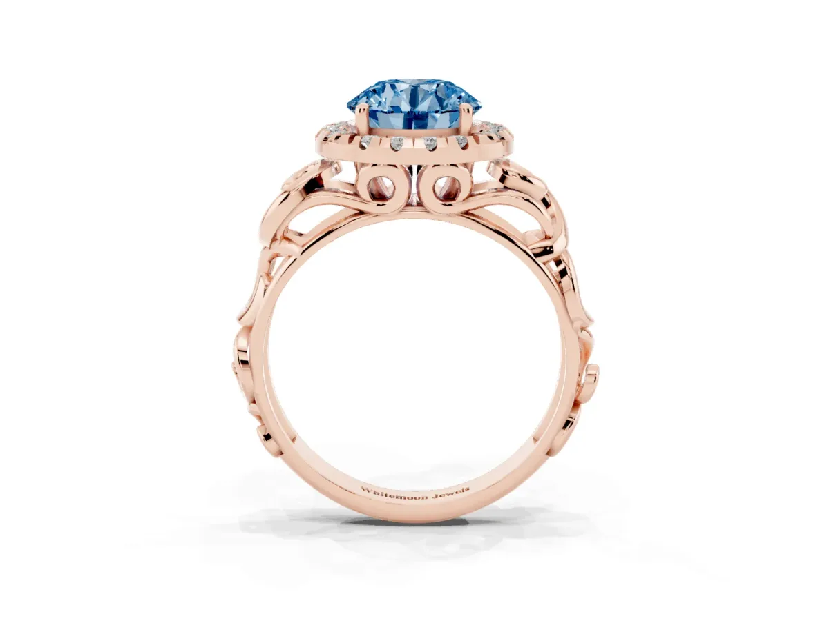 Fancy Blue Round Cut Cut Halo Diamond Ring with Scrollwork Band and Four-Prong Setting Rose gold