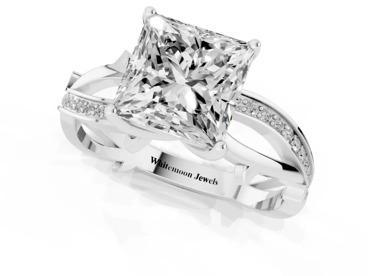 Princess Cut Solitaire Twist Band with Pavé Accents and Four-Prong Setting White gold