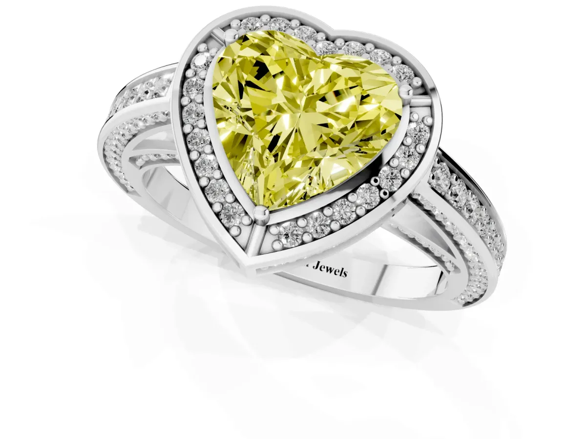 Fancy Yellow Heart Cut Cut Halo Pave Split Shank Prong Setting Ring Platinum