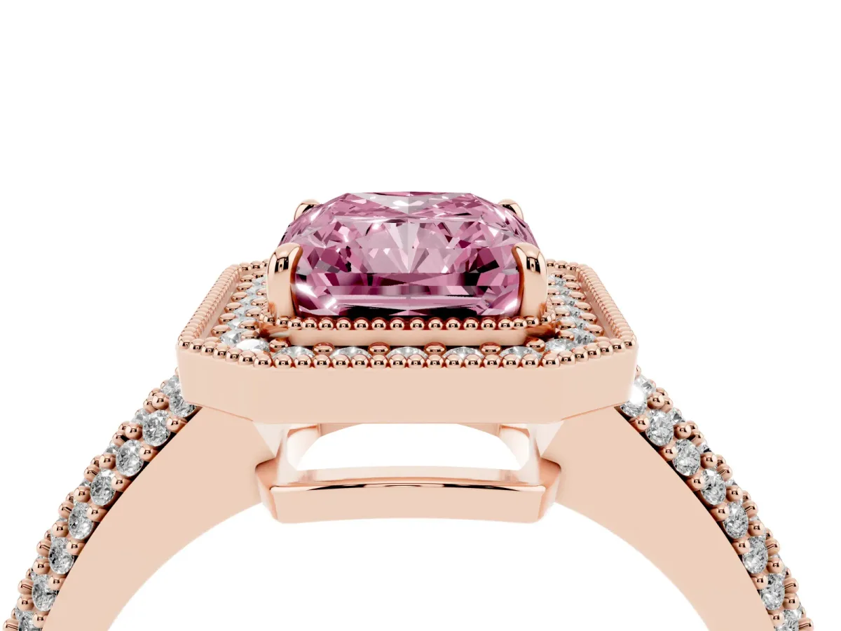 Fancy Pink Radiant Cut Cut Halo Diamond Pave Band with Four-Prong Setting Rose gold