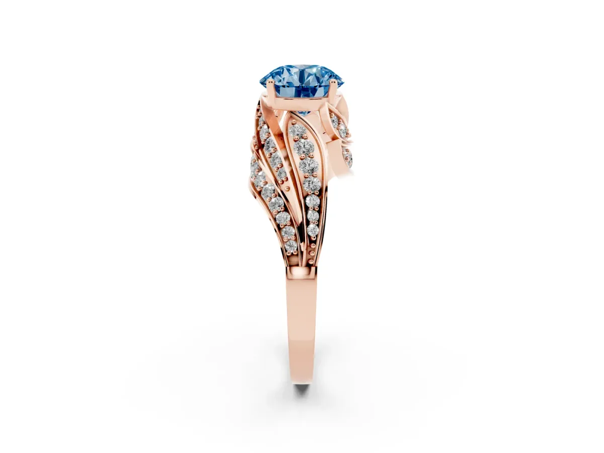 Fancy Blue Round Cut Diamond Solitaire Ring with Prong Setting and Twisted Pavé Band Rose gold