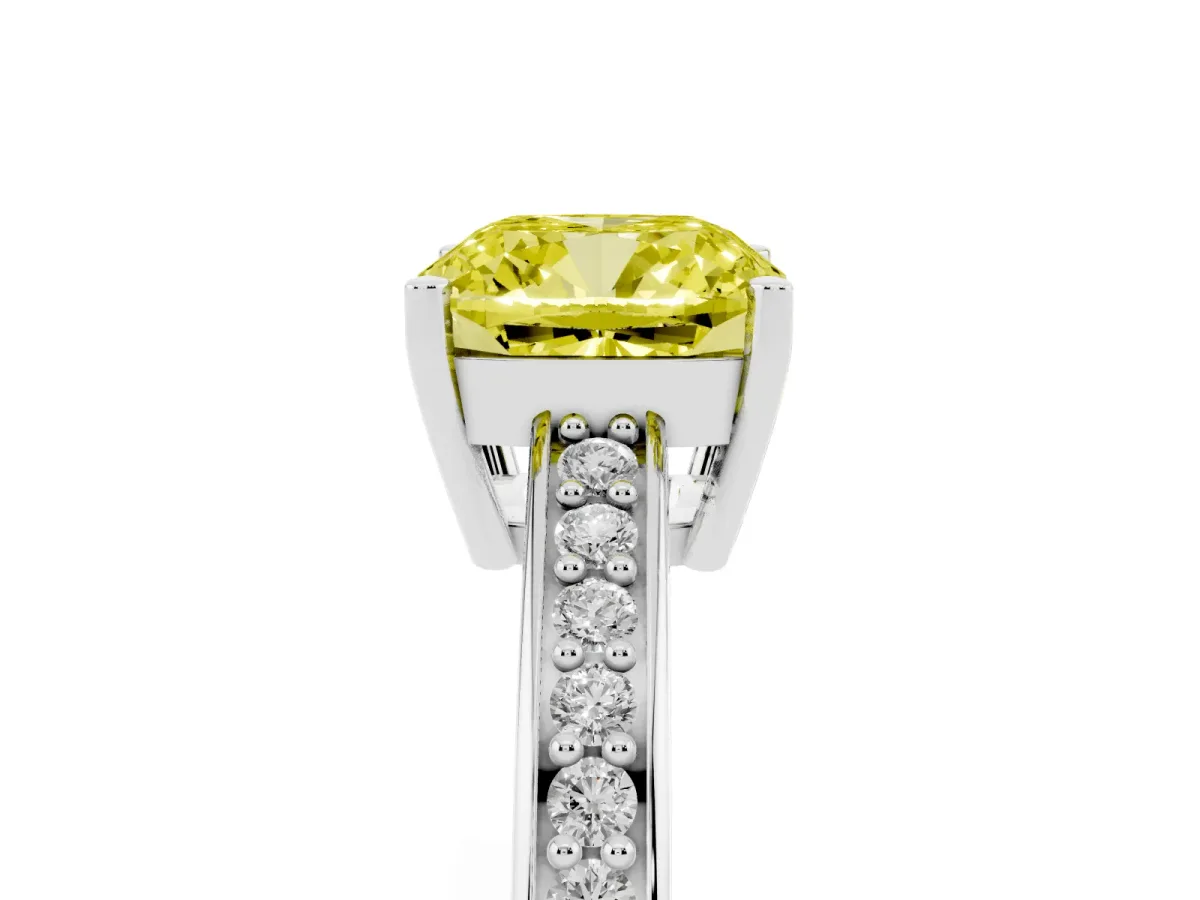 Fancy Yellow Cushion Cut Solitaire Pavé Band Prong Setting Ring Silver