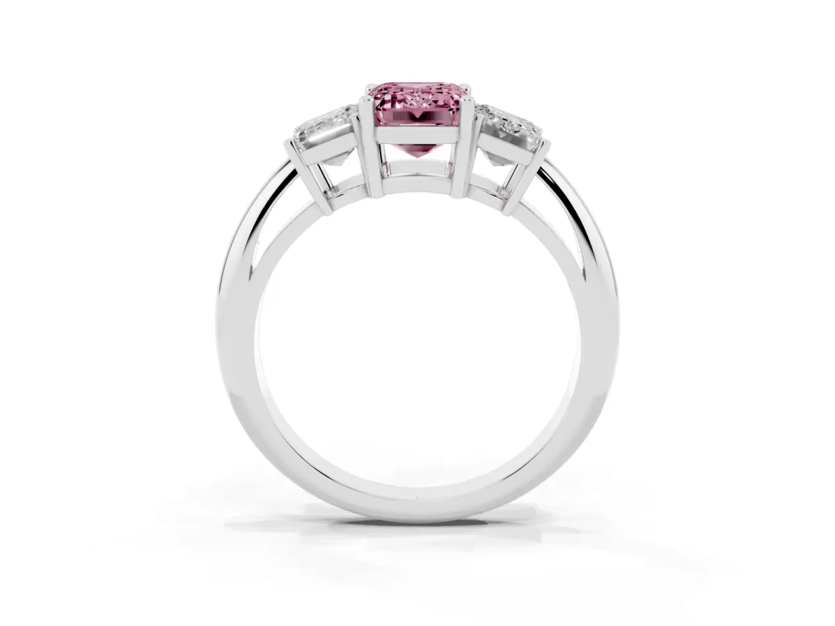Fancy Pink Three-Stone Emerald Cut Cut Diamond Engagement Ring with Prong Setting on a White Gold Band White gold