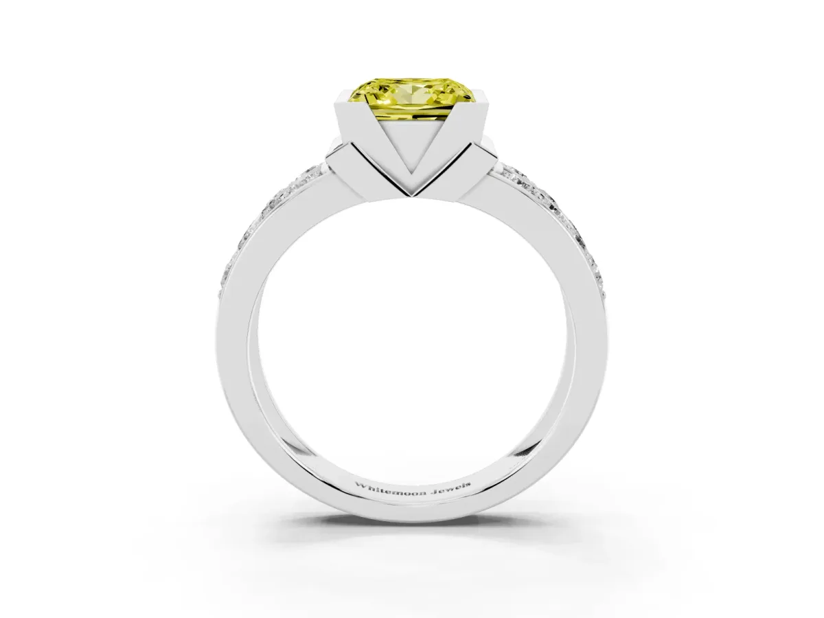 Fancy Yellow Princess Cut Brilliant Diamond Channel Set Wide Band Ring with Bezel Setting Silver