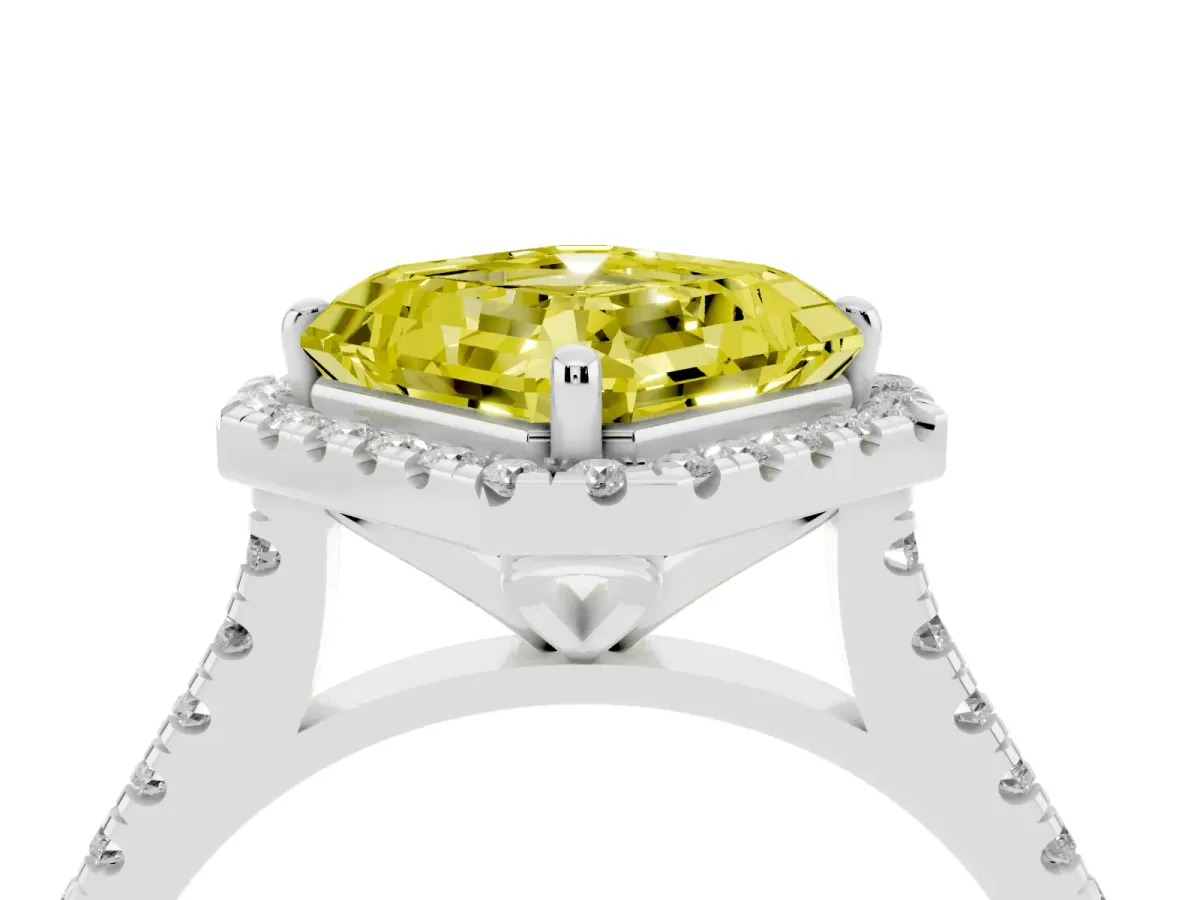 Fancy Yellow Asscher Cut Diamond Cushion Halo Ring with Pavé Band Silver