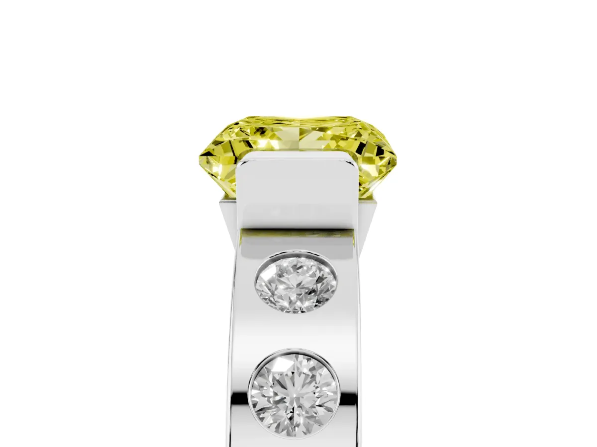 Fancy Yellow Princess Cut Brilliant Channel-Set Diamond Ring with Bezel Prong Setting Silver