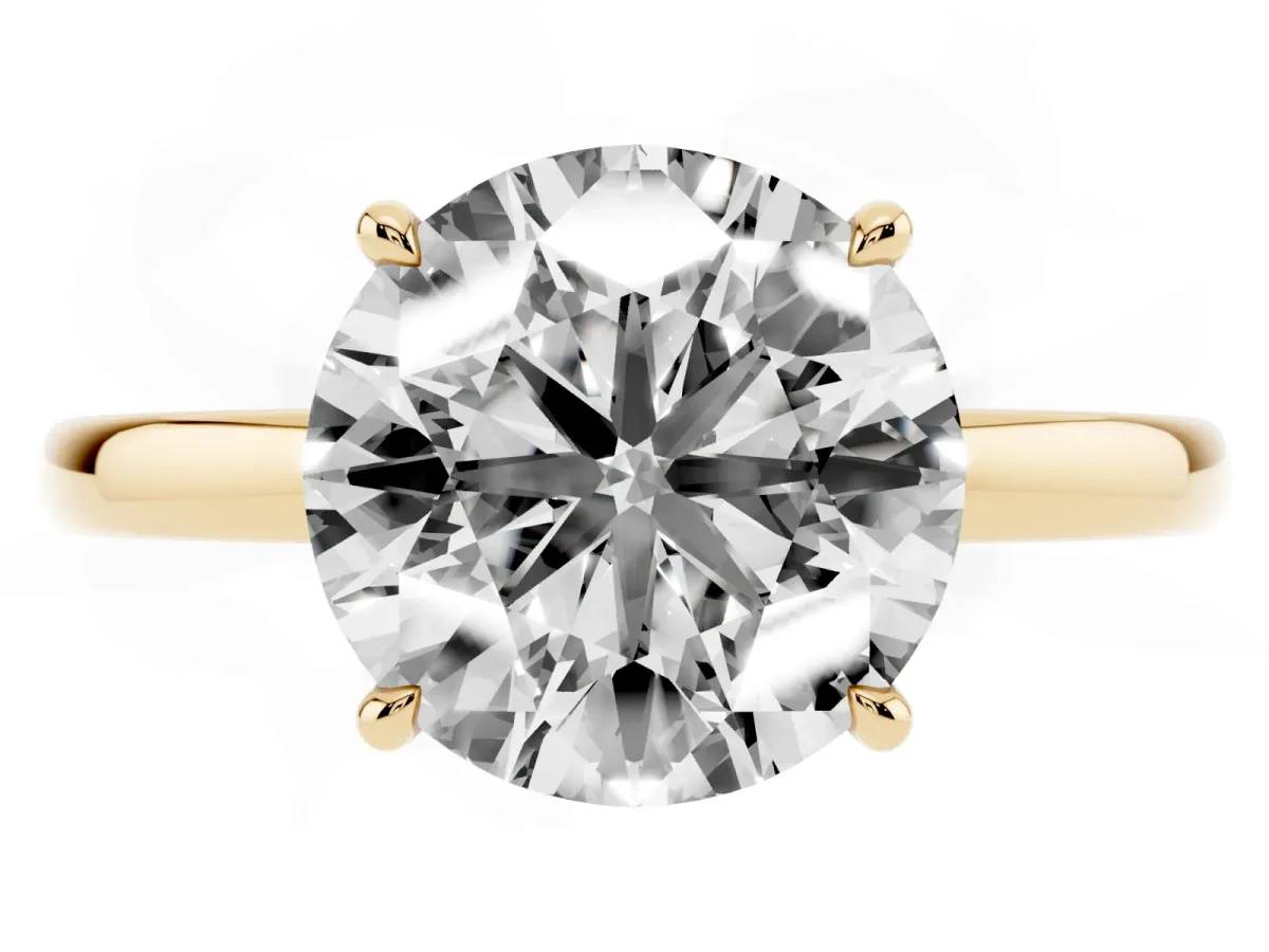 Round Cut Solitaire Engagement Ring with Cathedral Band and Four-Prong Setting Yellow gold