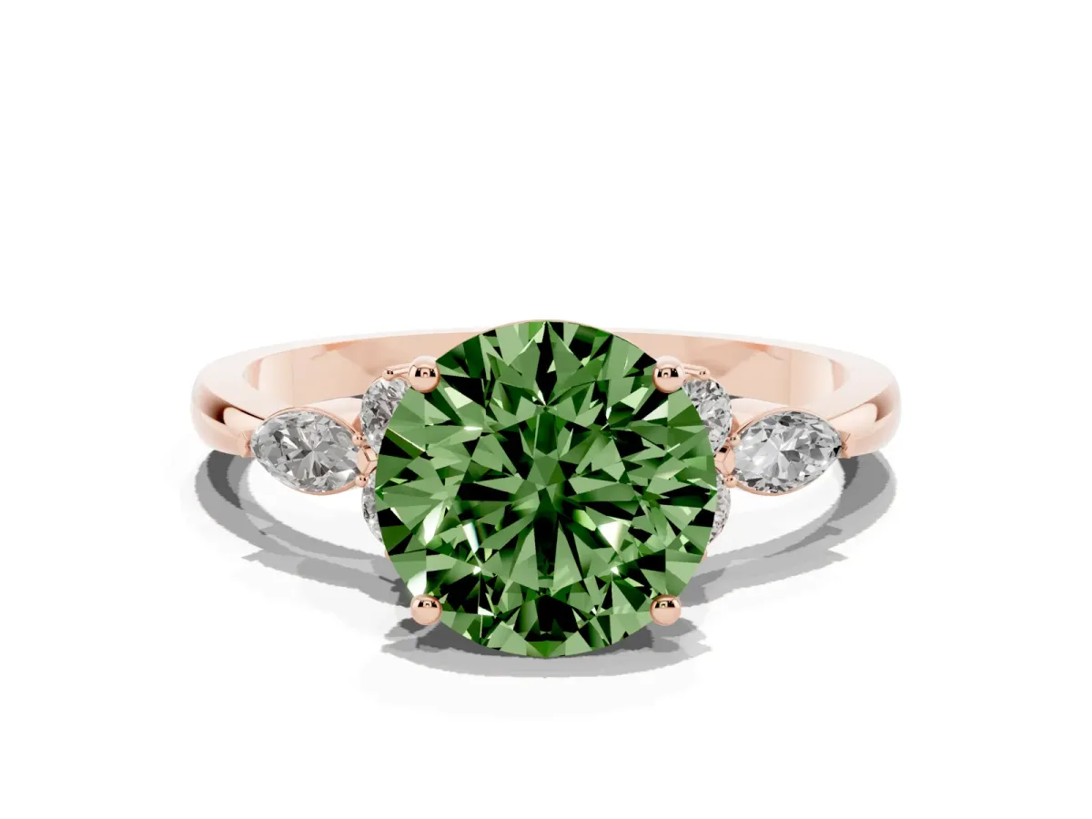 Fancy Green Round Cut Brilliant Diamond Solitaire Ring with Pear Side Stones and Four-Prong Setting Rose gold