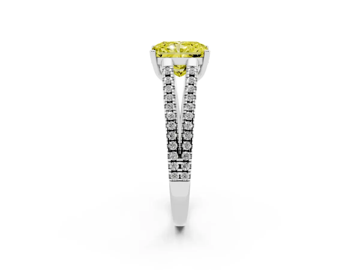 Fancy Yellow Radiant Cut Diamond Solitaire Engagement Ring with Split Shank Pavé Band Silver