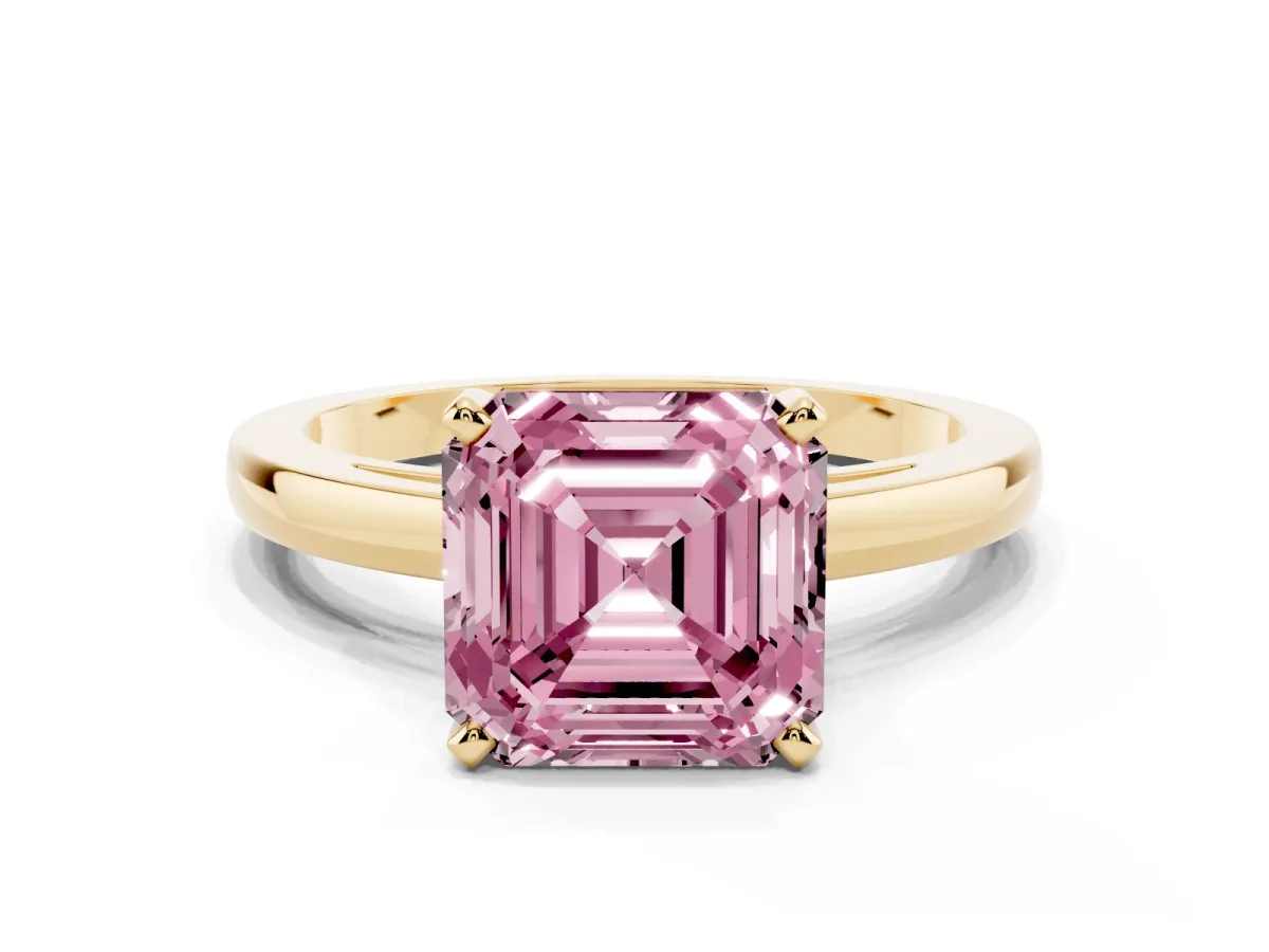 Fancy Pink Asscher Cut Solitaire Diamond Engagement Ring with Four-Prong Setting on a Classic Band Yellow gold