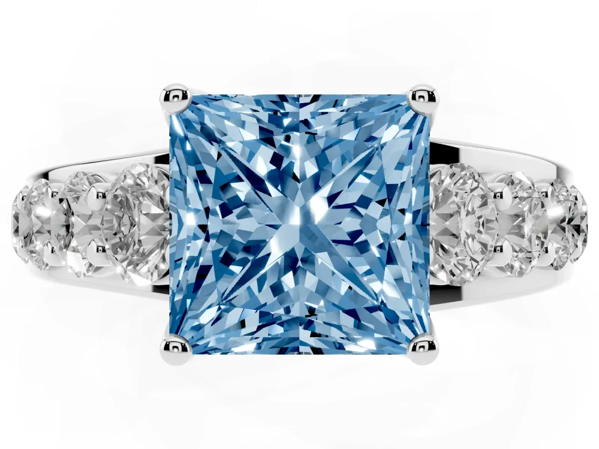 Fancy Blue Princess Cut Diamond Engagement Ring with Pavé Band and Four-Prong Setting Platinum