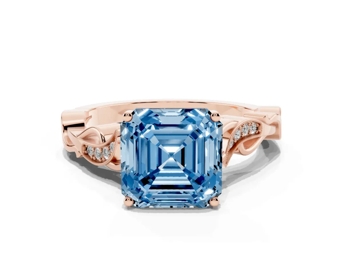 Fancy Blue Asscher Cut Solitaire Vine Band with Milgrain Prong Setting Rose gold