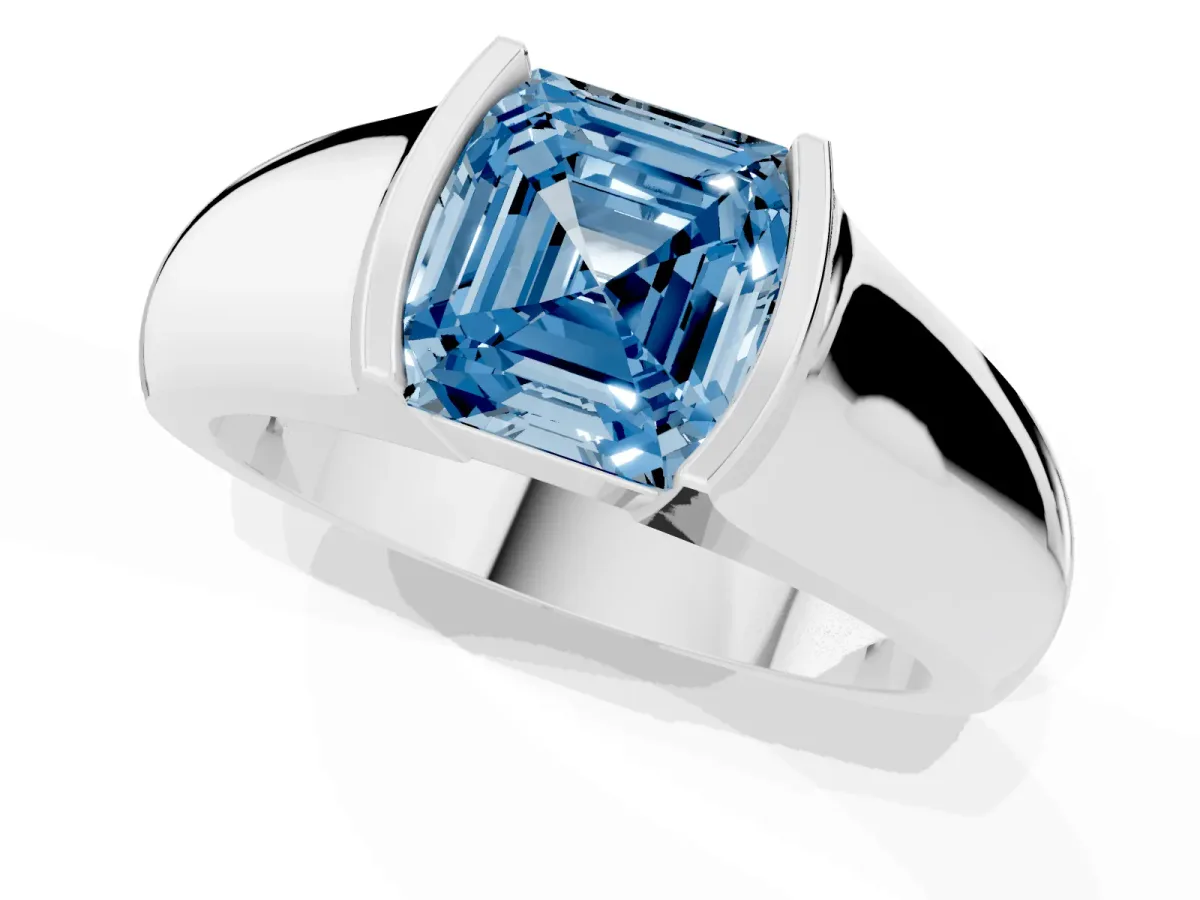 Fancy Blue Asscher Cut Solitaire Bezel Set Diamond Ring with Wide Band Silver