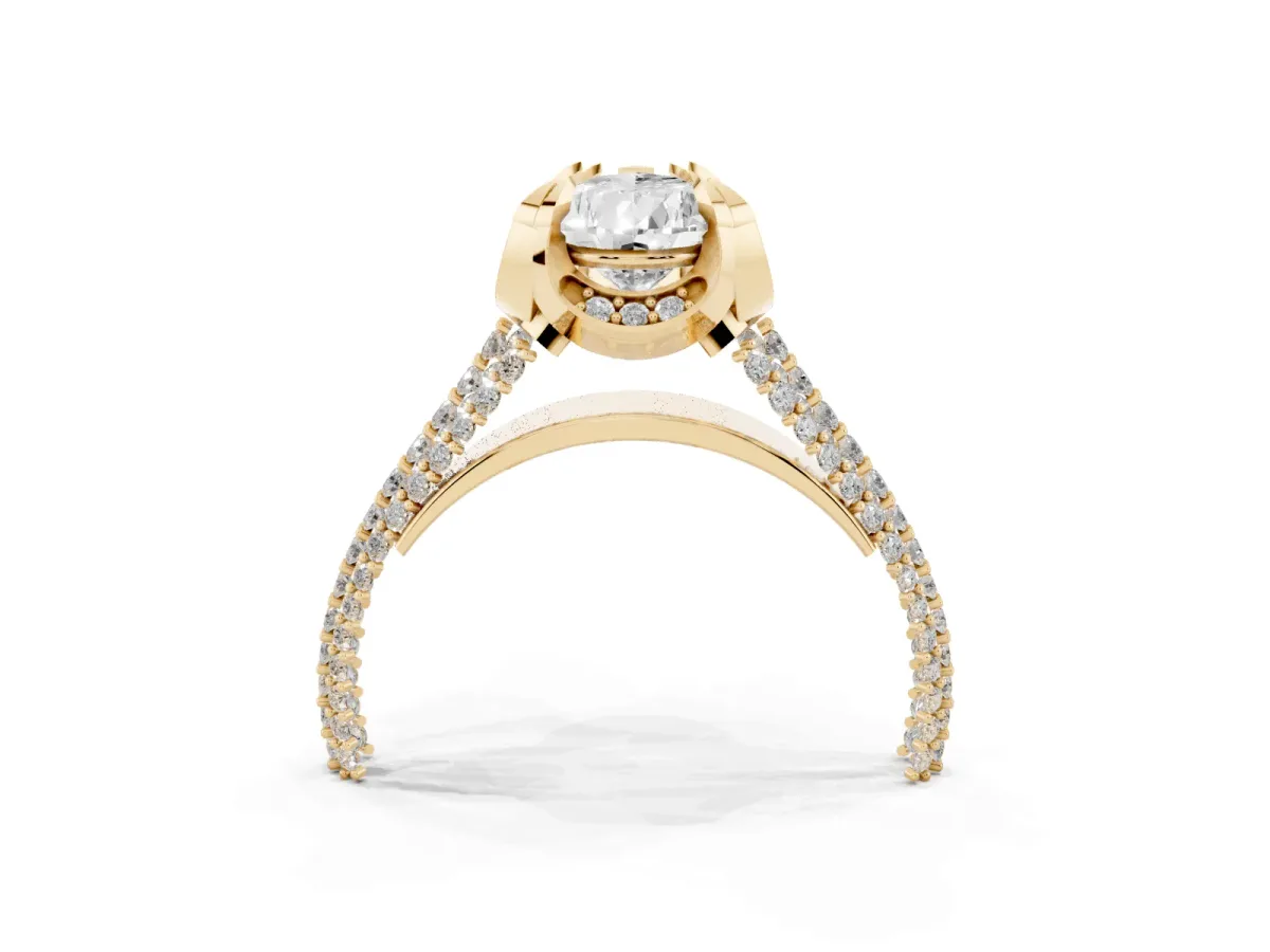 Pear Cut Solitaire Pave Split Shank Ring with Four-Prong Setting Yellow gold