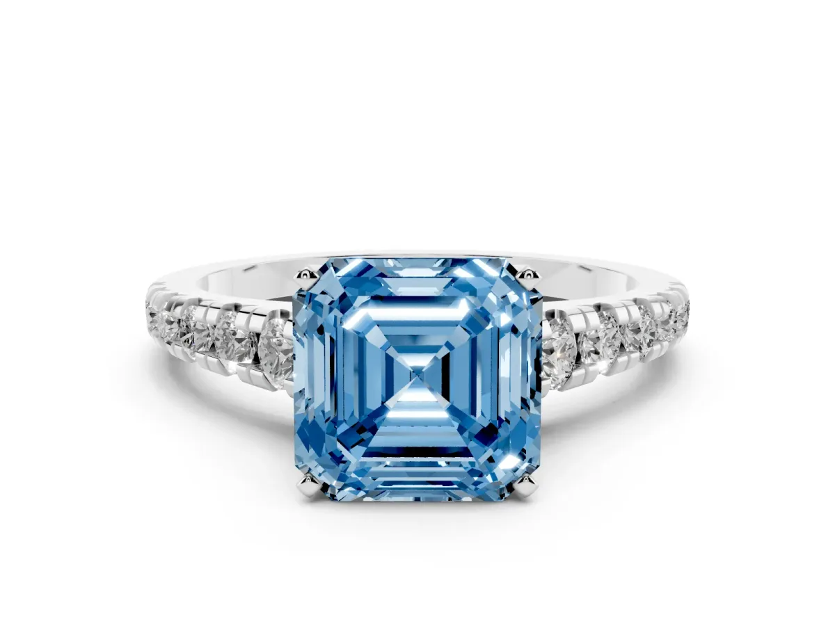 Fancy Blue Asscher Cut Diamond Cathedral Solitaire Ring with Round Pavé Band Silver